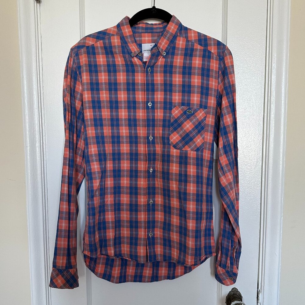 Lacoste Men's Blue and Orange Plaid Collared Button-Up Shirt Size 38
